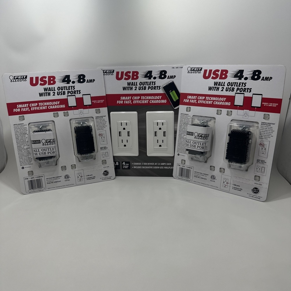 Feit Electric 1193819 White USB Wall Outlets 4.8A 3-Pack 6 Total Outlets